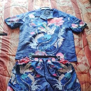 Blue Dragon Print Shirt and Shorts Set
